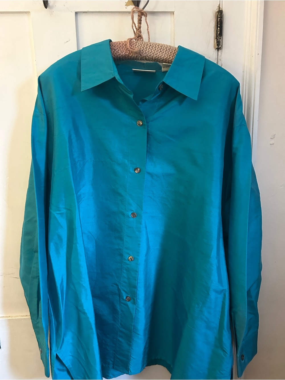 Lord & Taylor Vibrant Teal Satin Button-Down Blouse